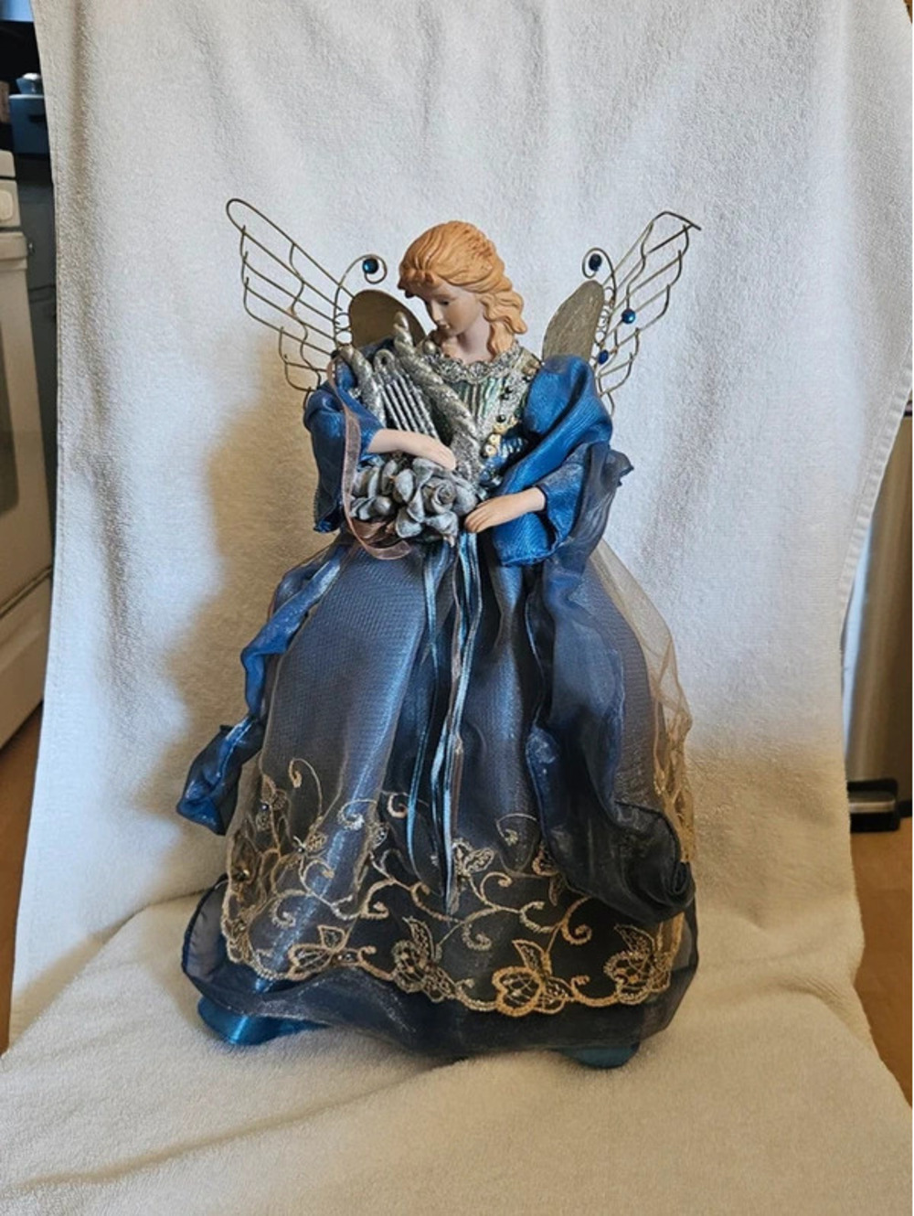 VTG 16" Fairy Angel Christmas Tree Topper Blue Gown Wings Mystical Whimsical